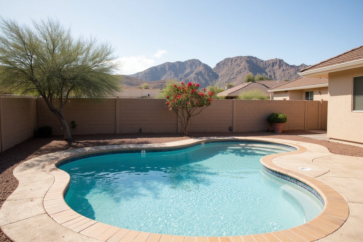 Kidney-shaped pool behind a stucco home in Ahwatukee with a block wall, gravel landscaping and South Mountain behind