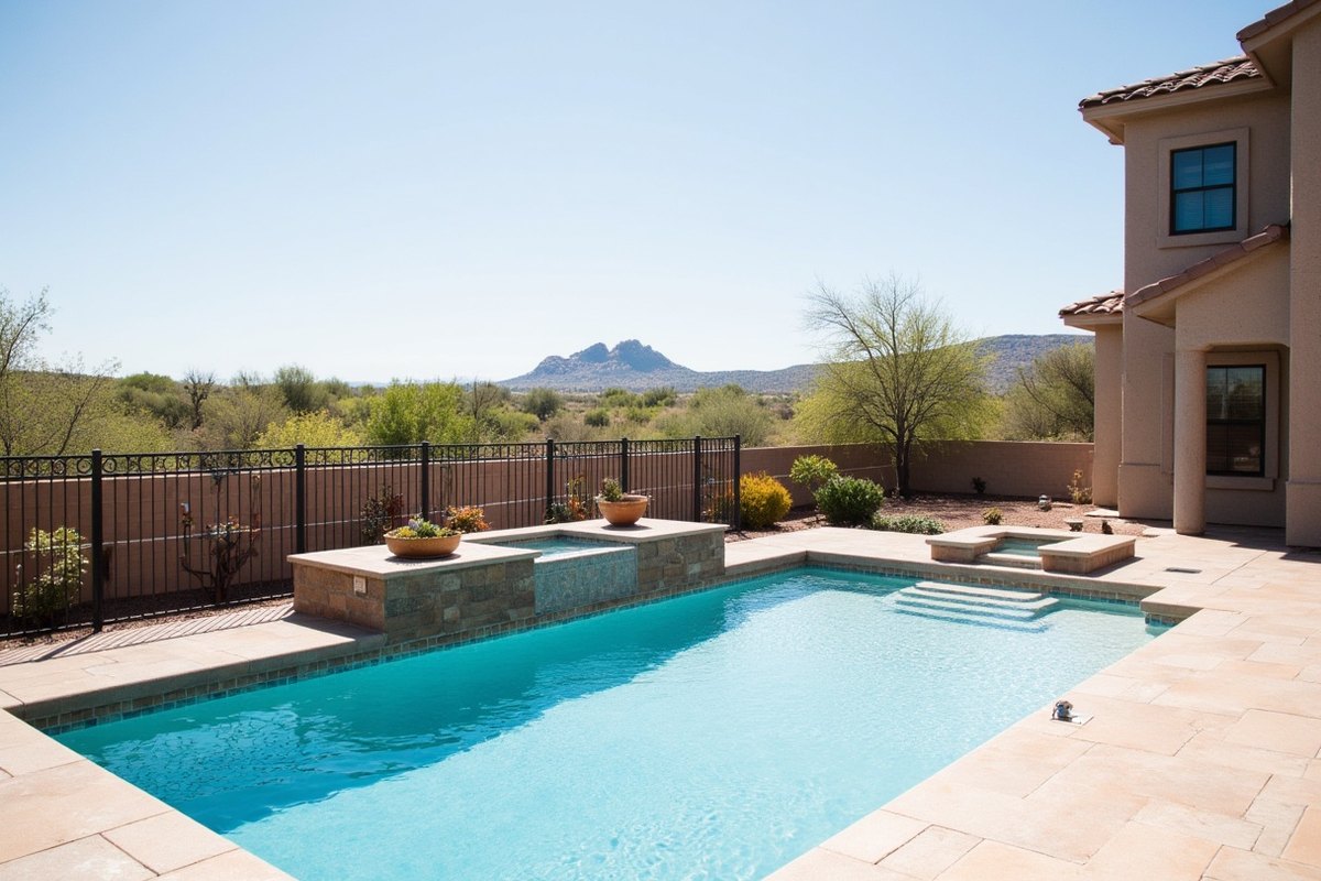 Backyard pool with a travertine deck and a view fence looking out over open desert in Anthem