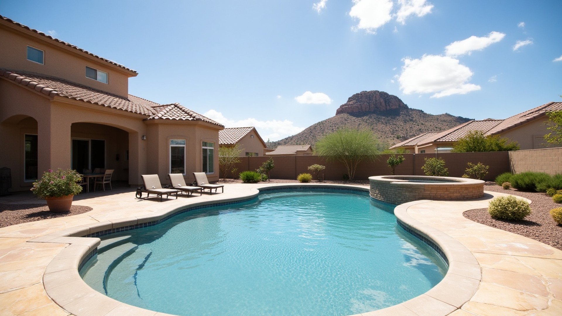 Backyard pool behind a tan stucco home in Anthem with a rounded desert mountain in the distance