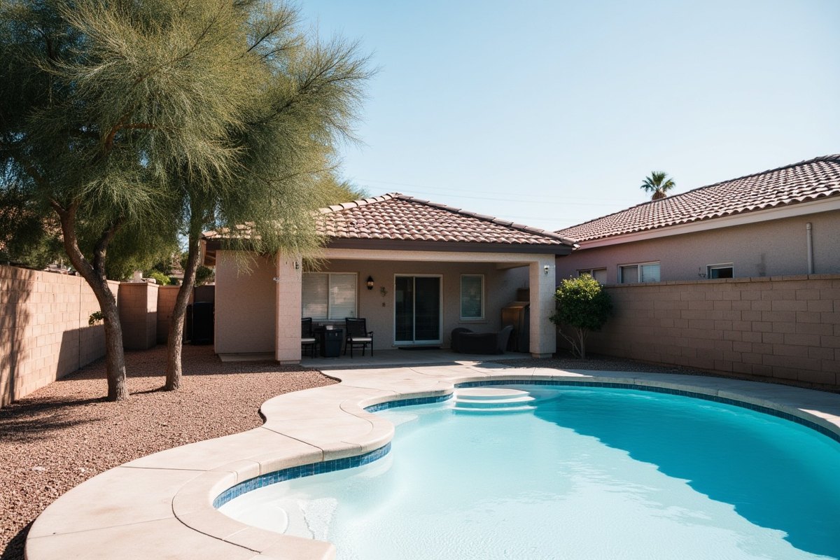 Avondale backyard pool beside a tan block wall with gravel, a palo verde tree and a covered patio