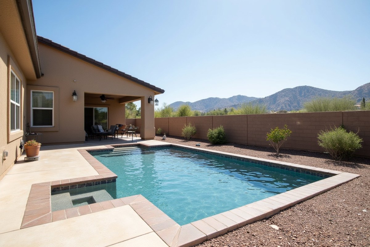 Newer Buckeye backyard with a rectangular pool, block wall, young desert trees and gravel landscaping