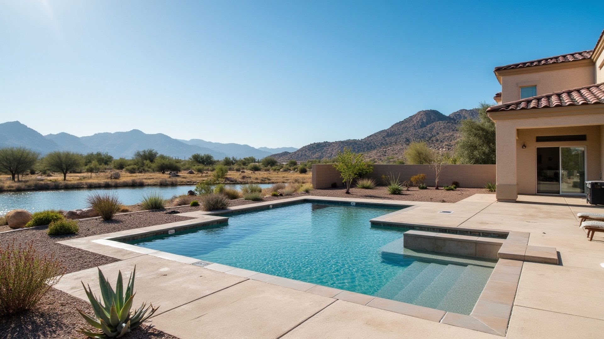 Backyard pool at a newer stucco home in Buckeye with desert landscaping and desert mountains behind