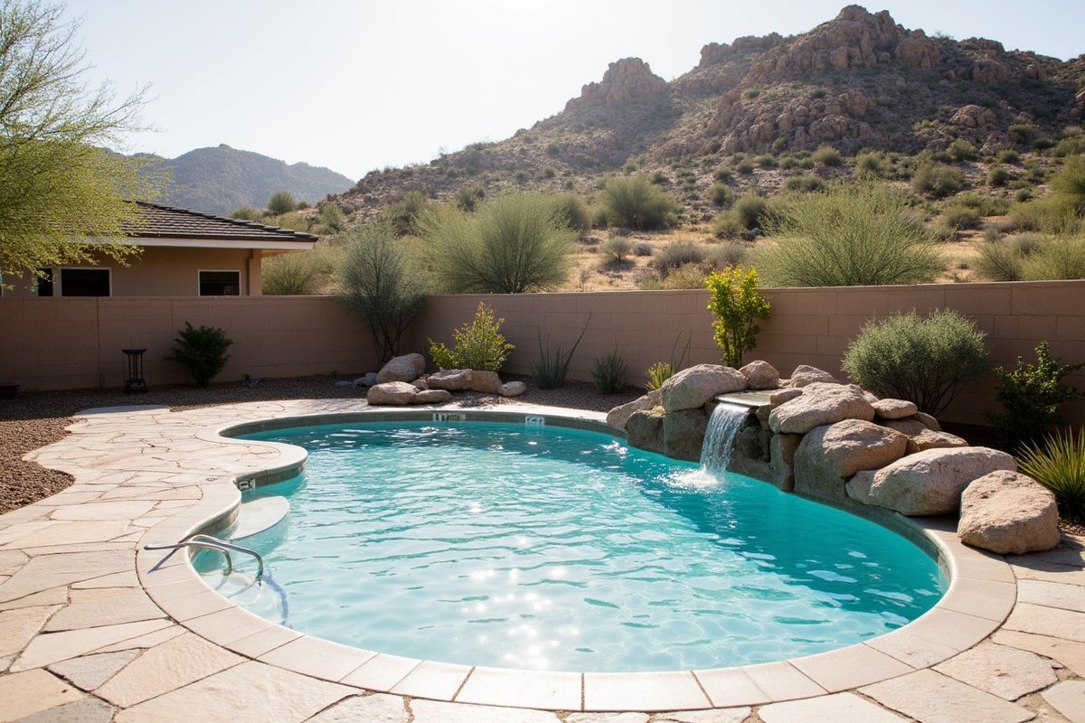 Pool with a rock waterfall built into natural granite boulders on a Carefree desert lot