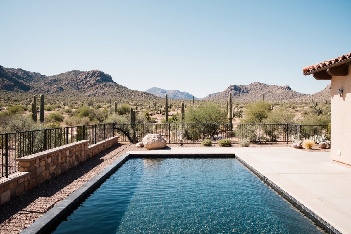 Pool on a hillside desert lot in Cave Creek with granite boulders and saguaros beyond a low view fence