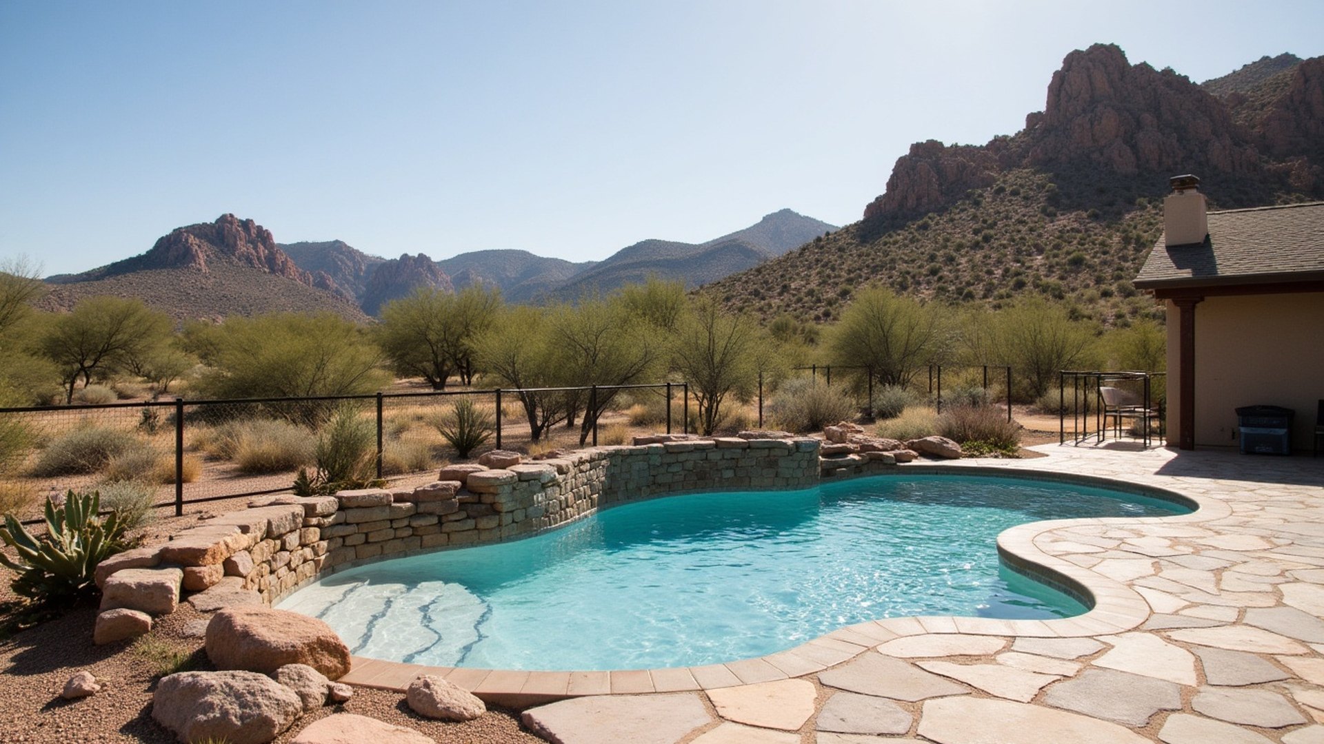 Pool on a desert lot in Cave Creek with saguaros, boulders and rugged hills behind