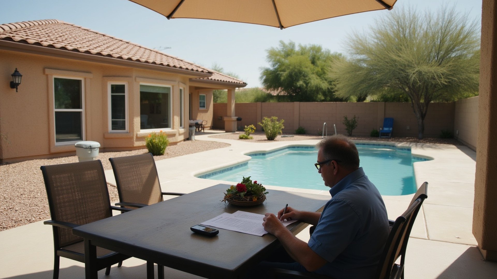 Homeowner at a patio table reading a printed pool service agreement beside a sparkling backyard pool