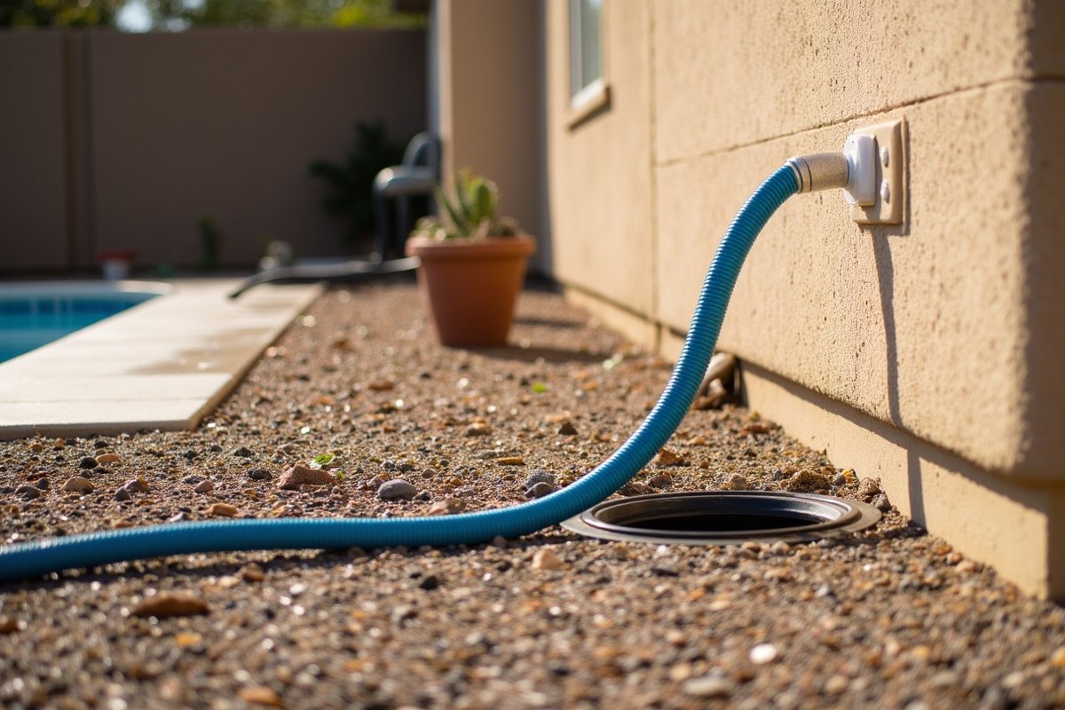 A flat discharge hose running from a backyard pool to a sewer cleanout cap beside a stucco house