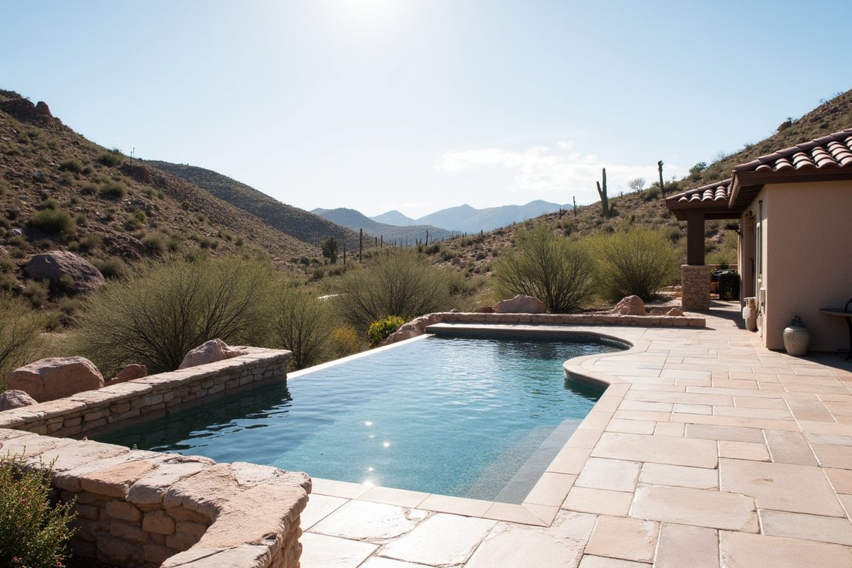 Pool on a terraced Fountain Hills hillside lot with saguaros, boulders and native desert around the yard