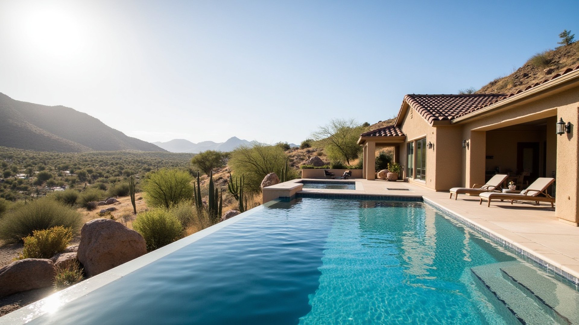 Hillside backyard pool in Fountain Hills with a view over desert slopes toward the McDowell Mountains