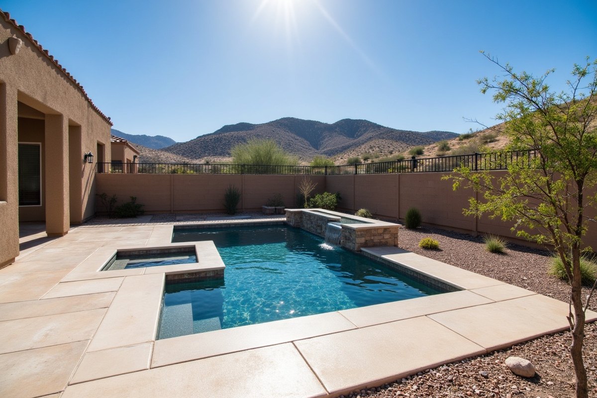 A backyard pool in a newer Estrella neighborhood of Goodyear with desert hills behind the block wall