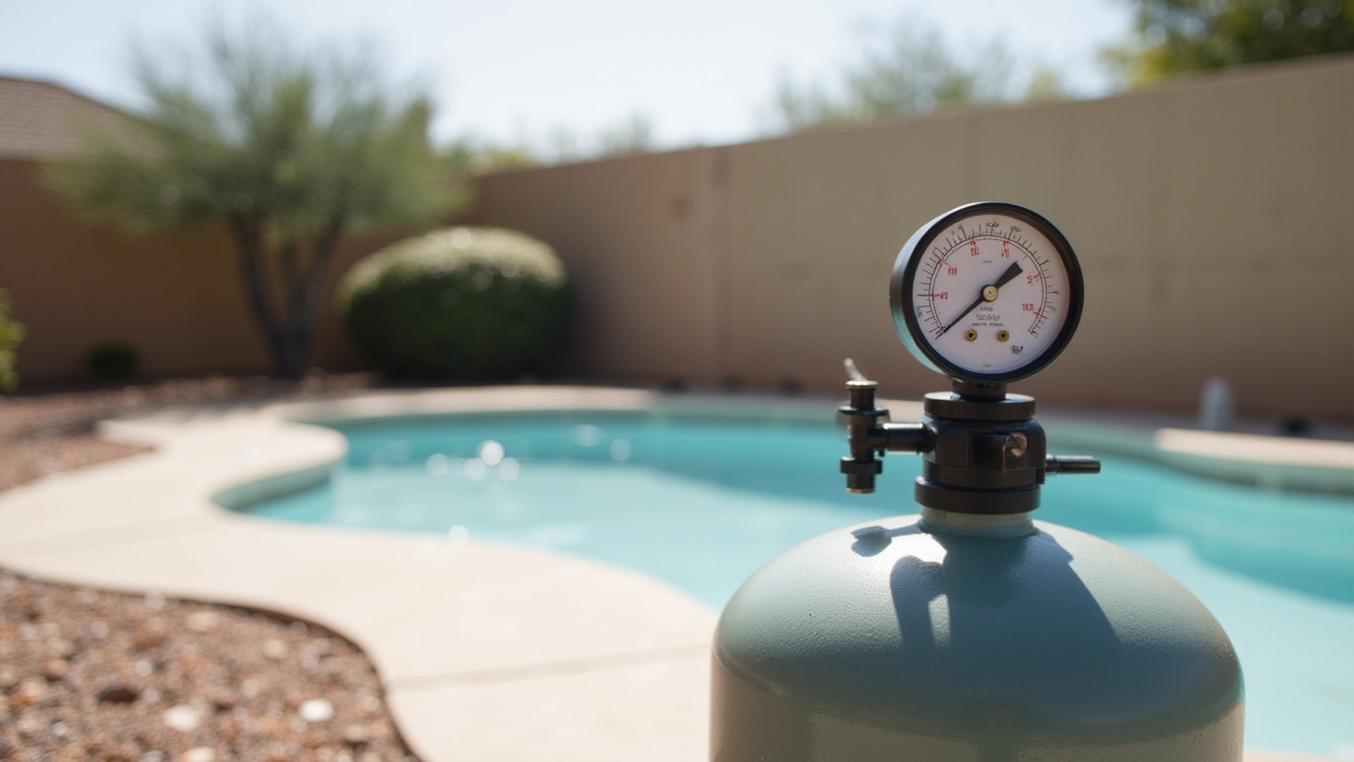 Close view of a pool filter pressure gauge on top of a filter tank in bright desert sun