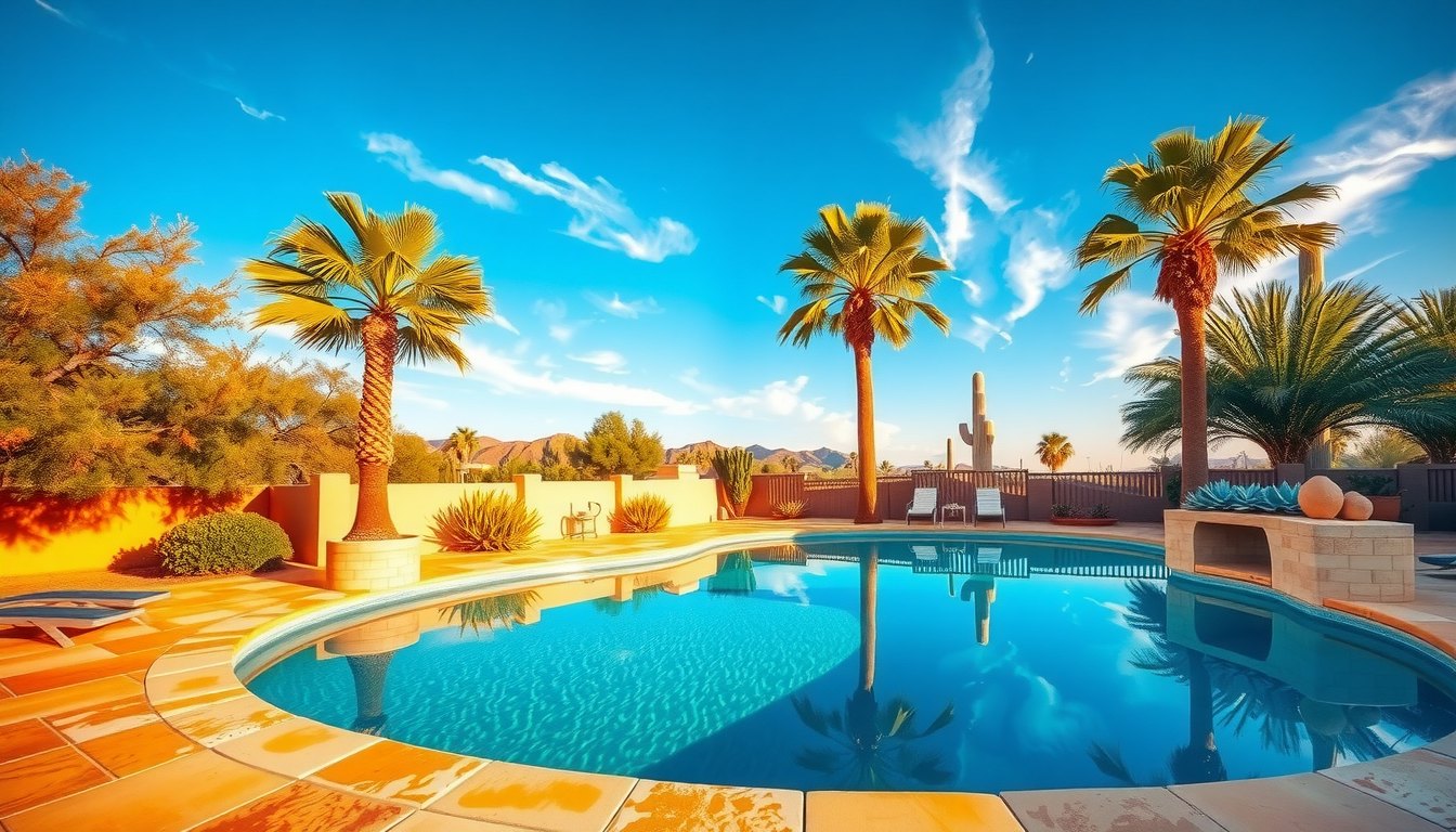 A curving backyard pool at golden hour with tall palms, a saguaro and a warm-toned deck
