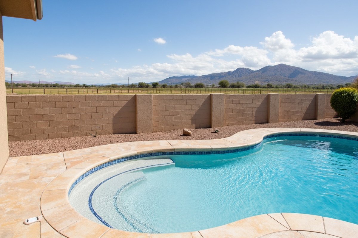 Backyard pool behind a newer Laveen home with a block wall, and an open farm field beyond