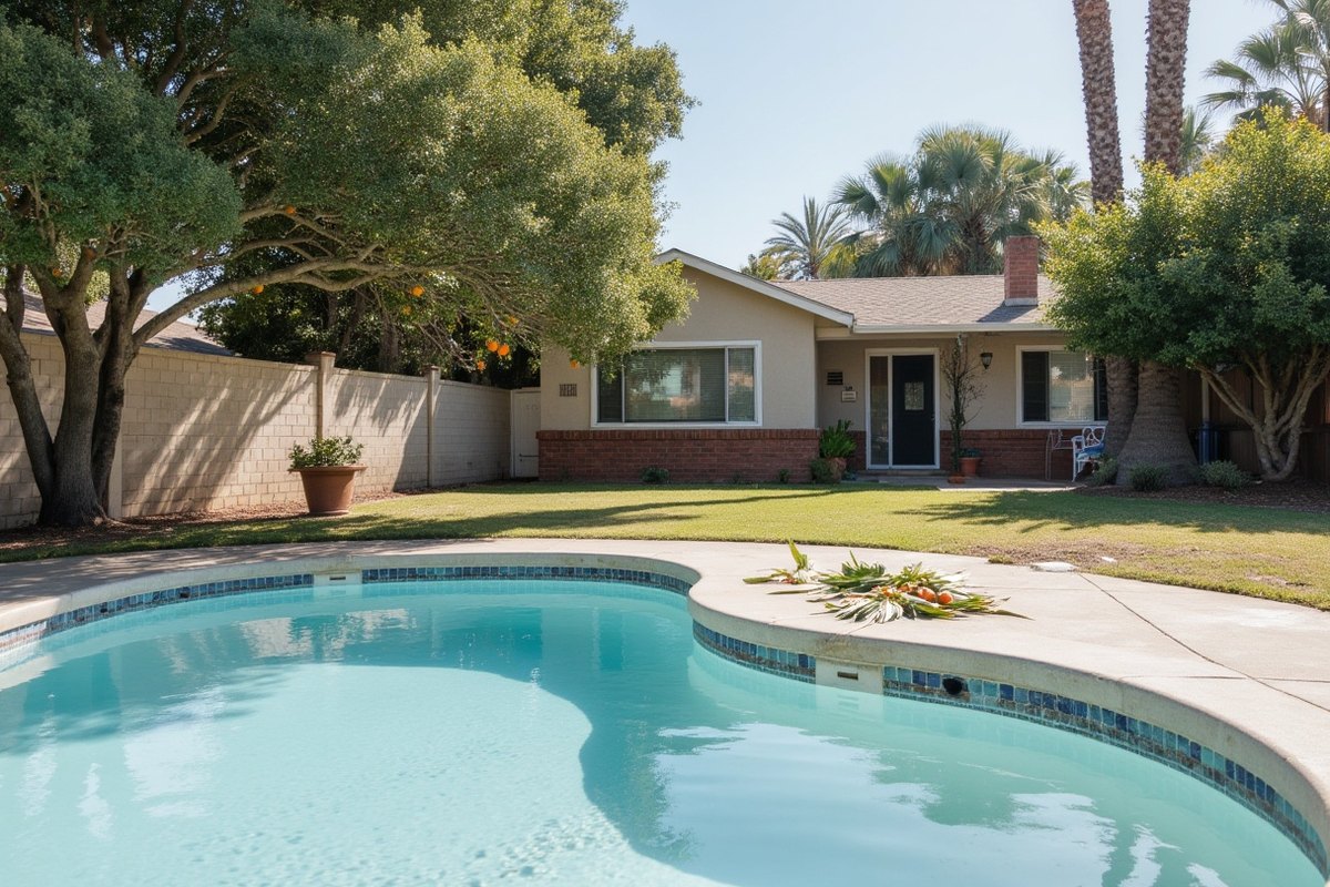 Palm fronds and orange tree leaves near the edge of a backyard pool in Litchfield Park