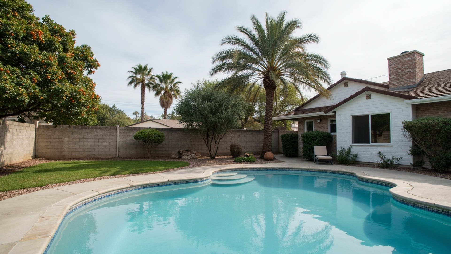 Backyard pool shaded by tall palms and an orange tree beside an older single-story home in Litchfield Park, Arizona