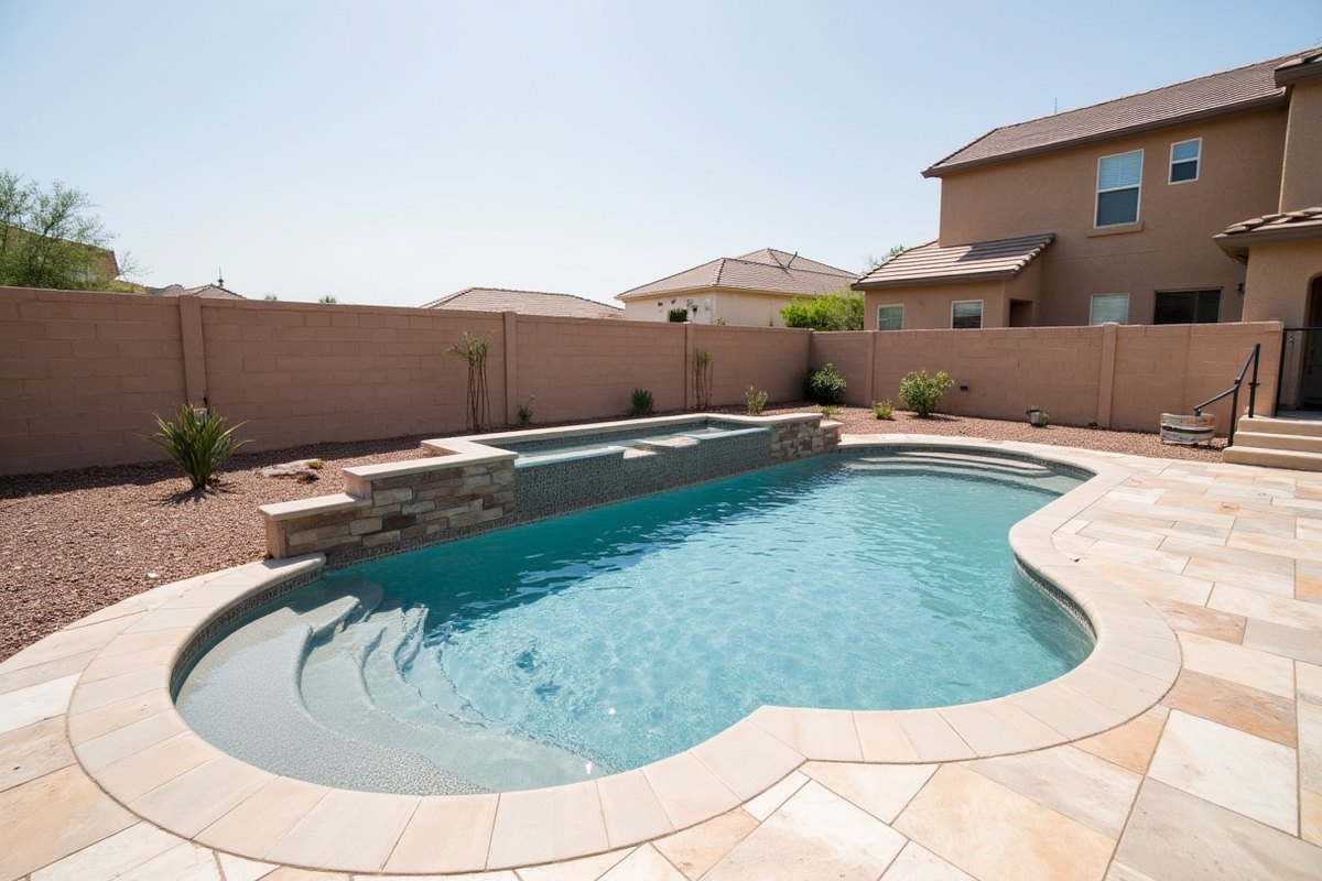 Newly finished backyard pool behind a two-story home in a Maricopa subdivision, with crushed granite and young trees