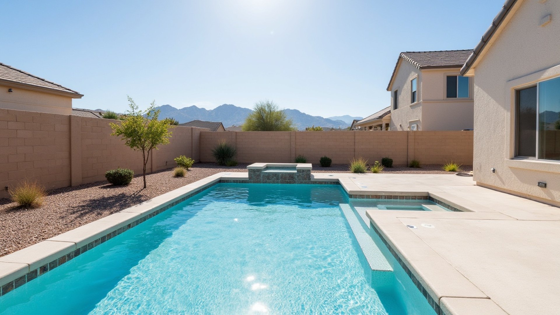 Backyard pool behind a newer stucco home in a Maricopa subdivision, with flat desert and distant mountains under a big sky