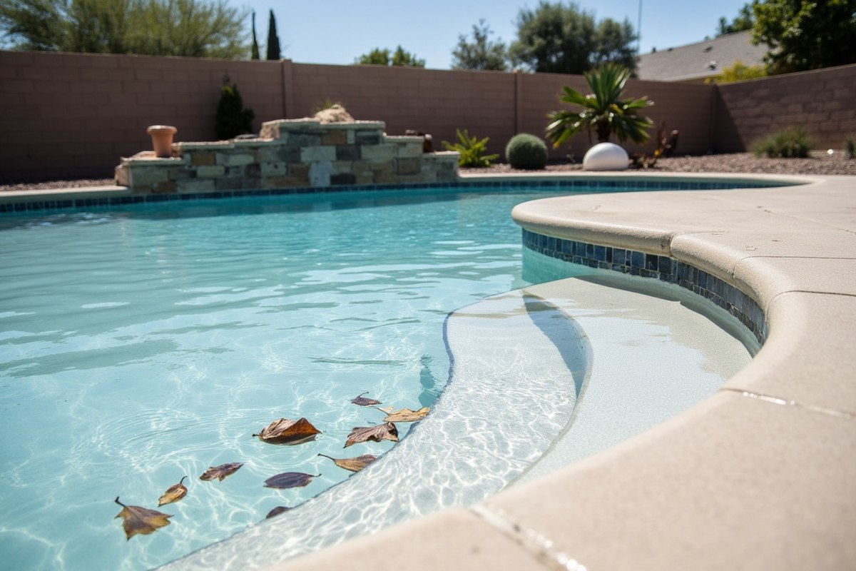 Dust film and leaves floating near a pool skimmer after a desert storm