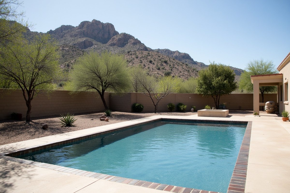 Backyard pool on a large Paradise Valley lot with mature mesquite trees, a lawn edge and Mummy Mountain behind