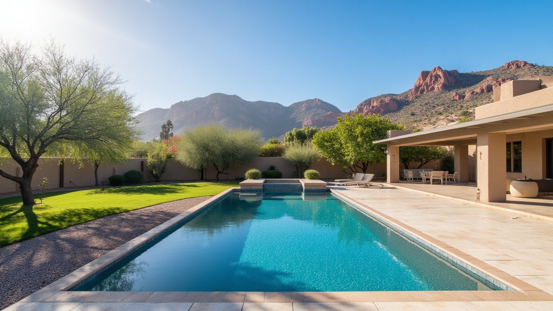 Large backyard pool on an acre lot in Paradise Valley with desert landscaping and Camelback Mountain in the distance