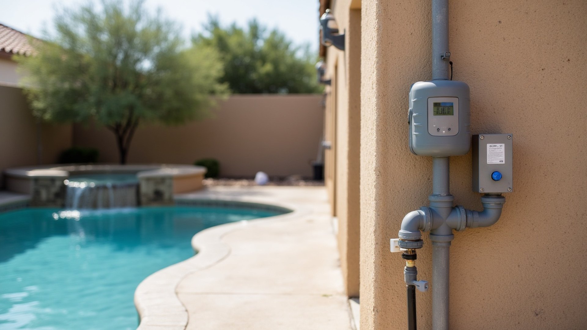 Backyard pool equipment pad with valves, a salt cell and a control panel beside a stucco wall in Phoenix
