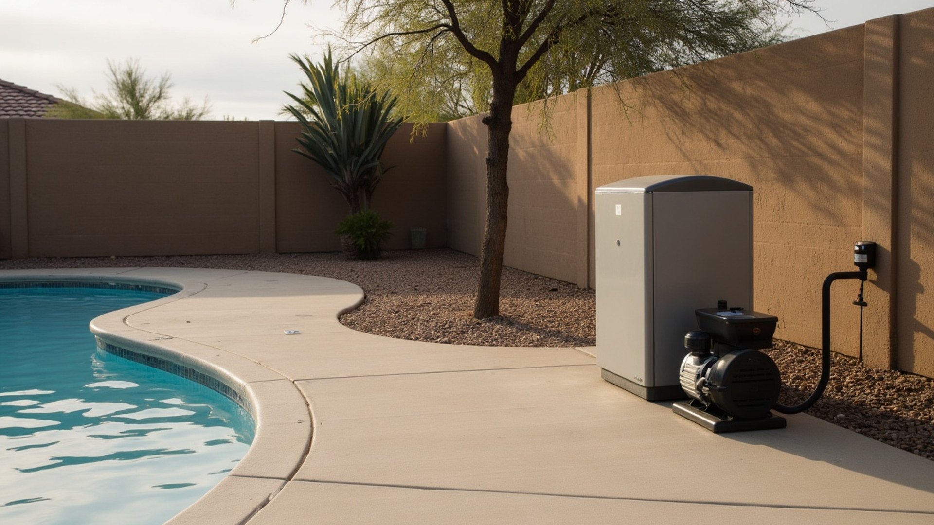 Pool heater beside a pump and filter on a sunny equipment pad against a stucco wall in a Phoenix backyard