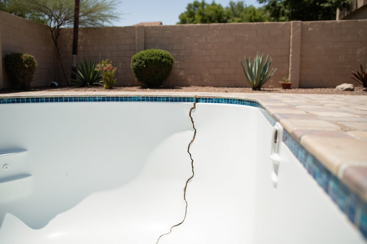 Thin crack in the plaster wall of an empty backyard pool in the Phoenix area