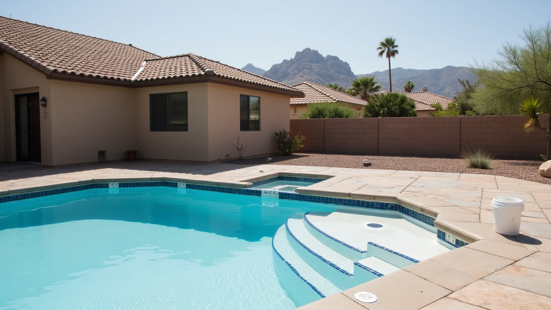 Backyard pool with a slightly low water line at the skimmer in a Phoenix-area yard with desert landscaping