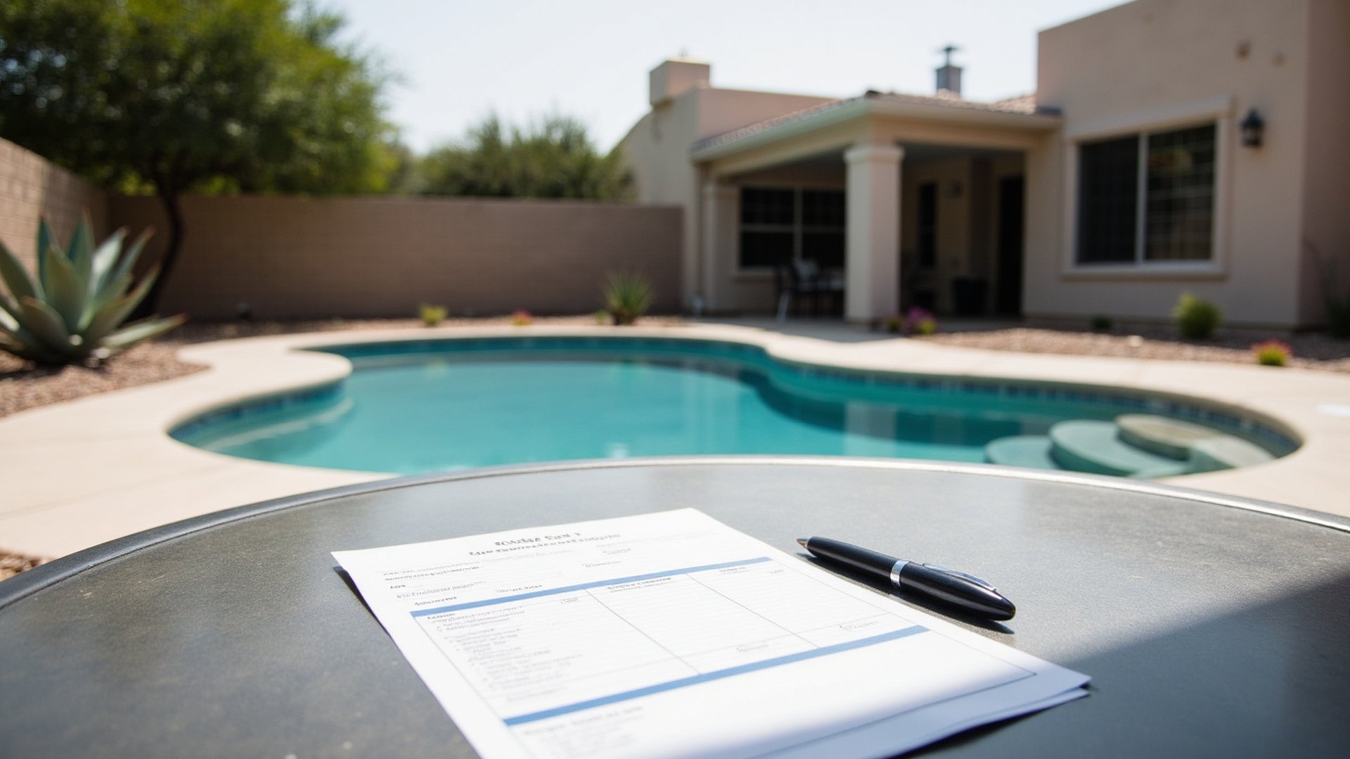 Homeowner's hands holding a printed pool service quote on a shaded patio table beside a clear backyard pool in Phoenix