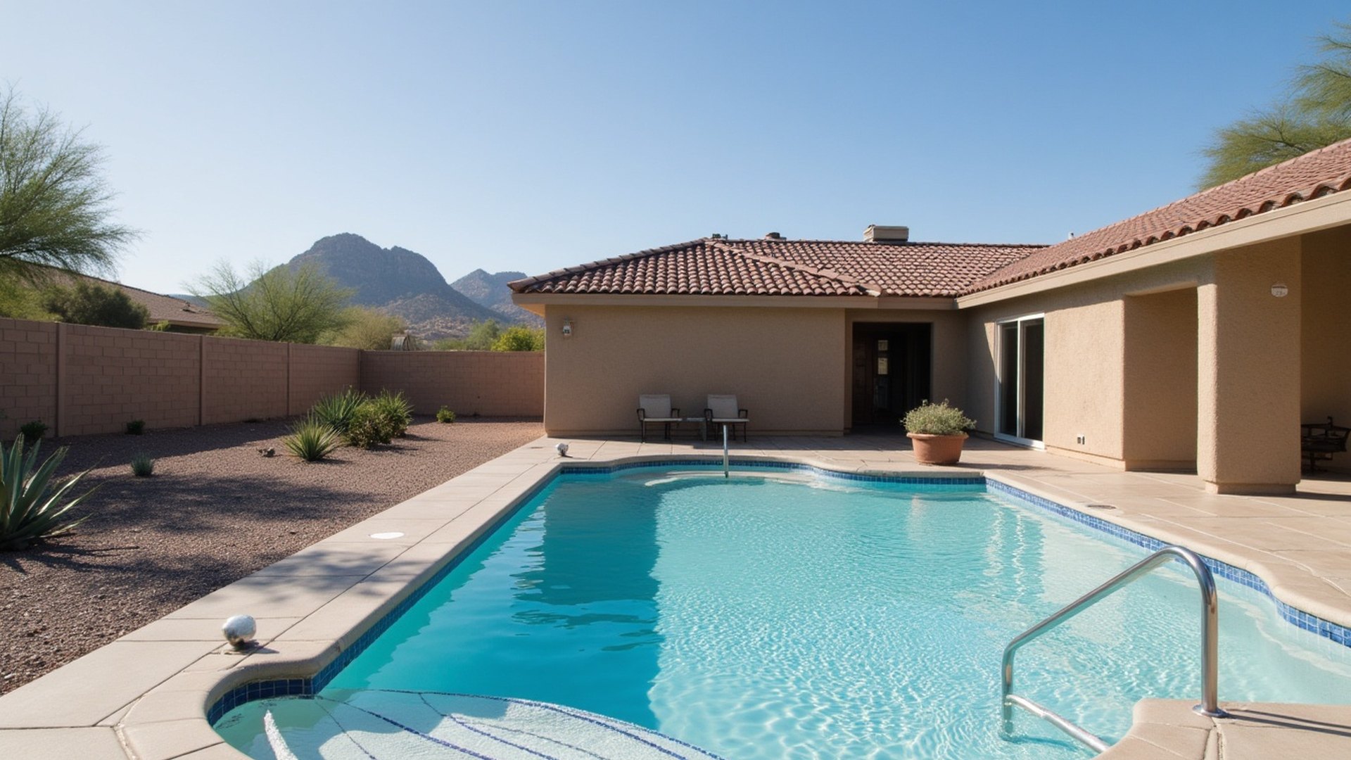 Bright backyard pool behind a stucco home in Phoenix with a pool pole resting on the deck, gravel desert landscaping and a palo verde tree