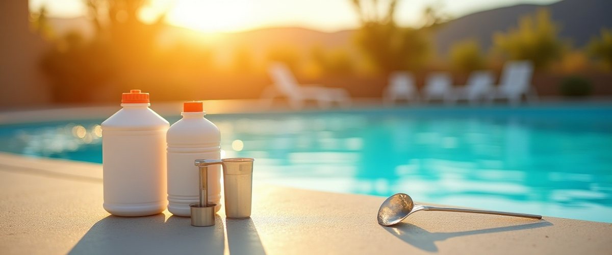 Two white pool chemical jugs and a test cup on a pool deck at sunset with lounge chairs behind