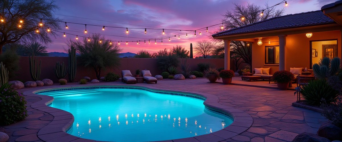Crystal clear residential pool at sunset in Phoenix with palm trees and a privacy wall