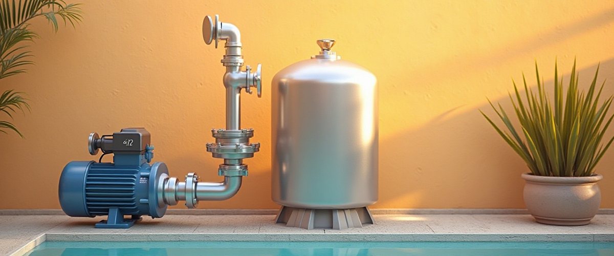 Pool pump and filter equipment beside a desert home