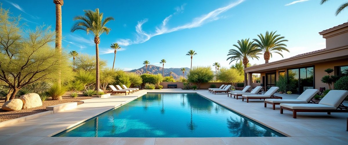 Sparkling residential swimming pool in Phoenix with palm trees, Camelback Mountain in the distance, and bright Arizona sunshine