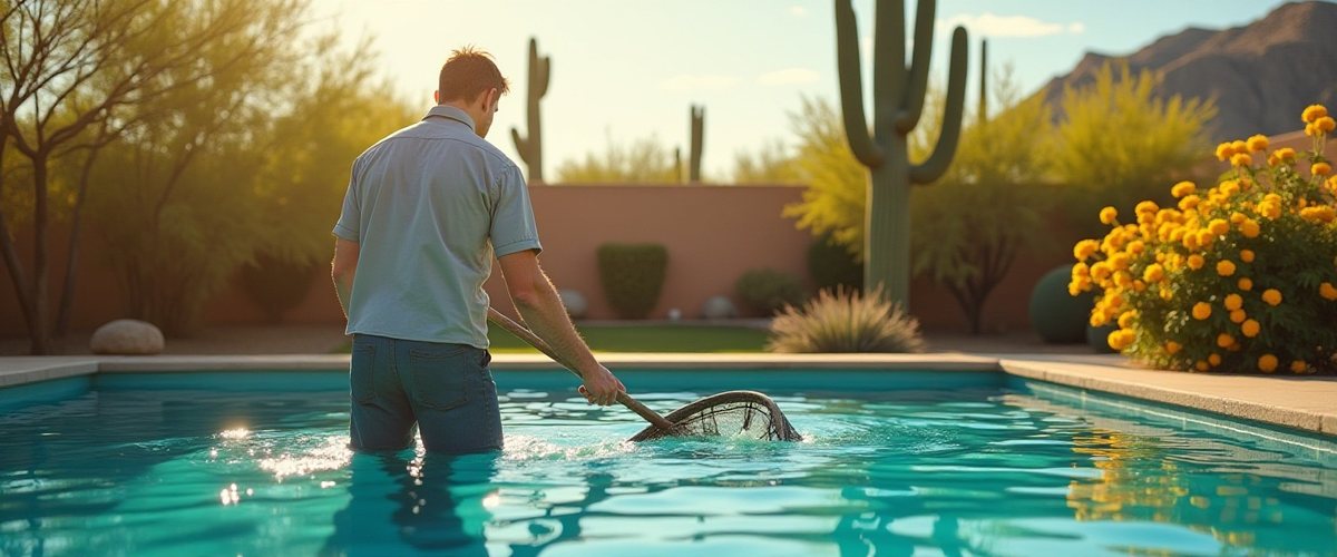 Pool technician servicing equipment at a Mesa home with mountain views
