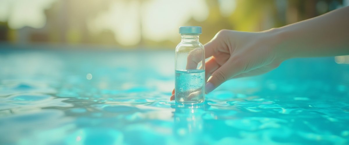 Pool technician testing water chemistry with a test kit beside a residential pool in Phoenix