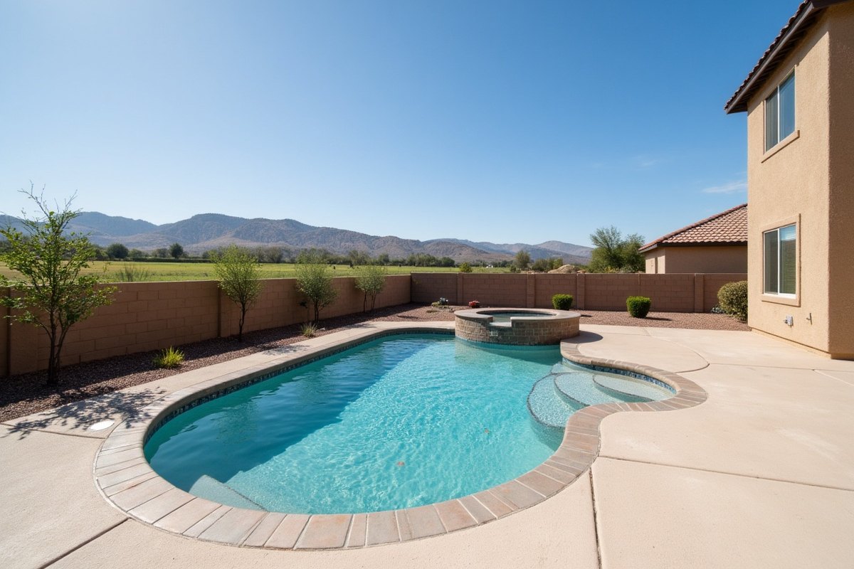 Queen Creek backyard pool with young citrus trees, a block wall and open farmland toward the San Tan Mountains