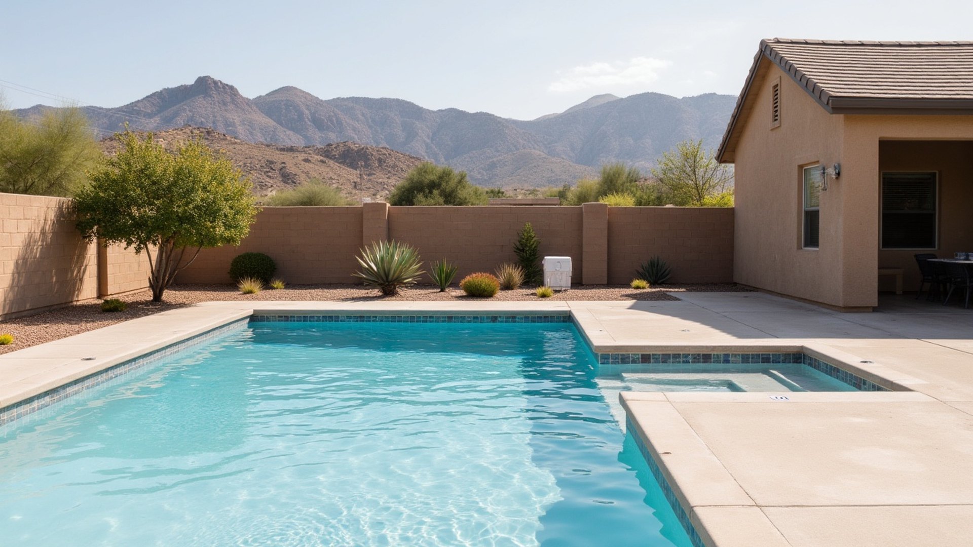 Backyard pool at a newer Queen Creek home with a citrus tree, a block wall and the San Tan Mountains behind