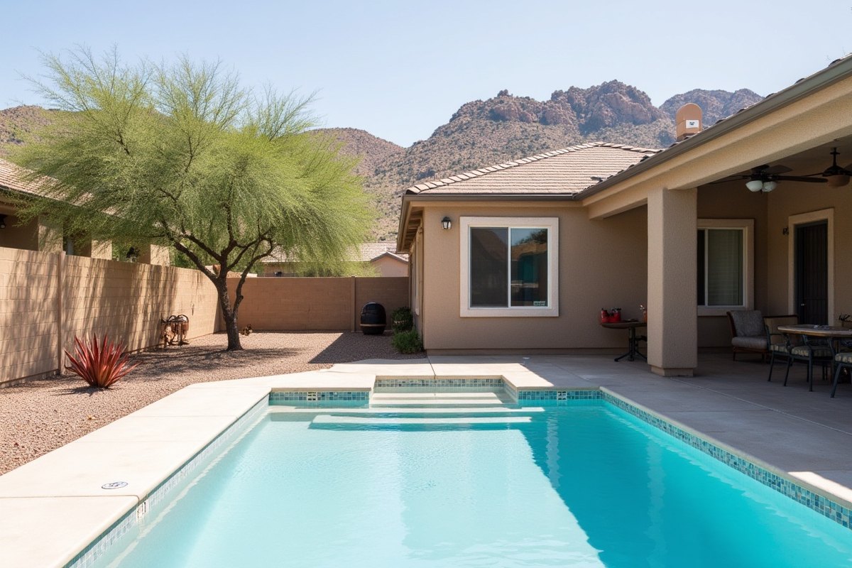 Backyard pool and covered patio behind a San Tan Valley home, with desert hills beyond the block wall