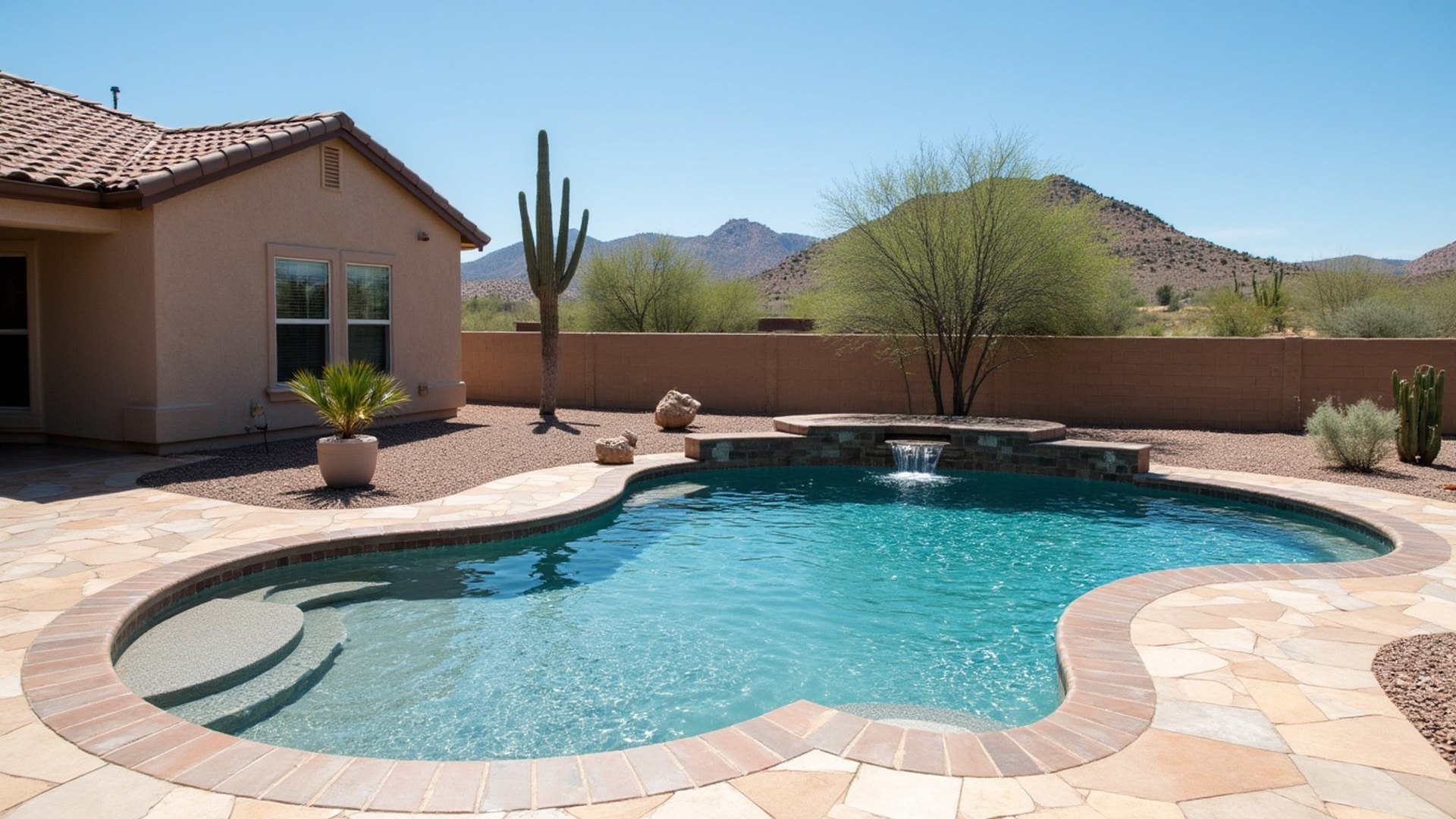 Backyard pool behind a stucco home in San Tan Valley with the rugged San Tan Mountains on the horizon