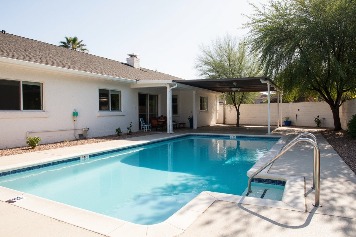 A small private pool with a shaded patio and handrail at the steps behind a single-story home in Sun City