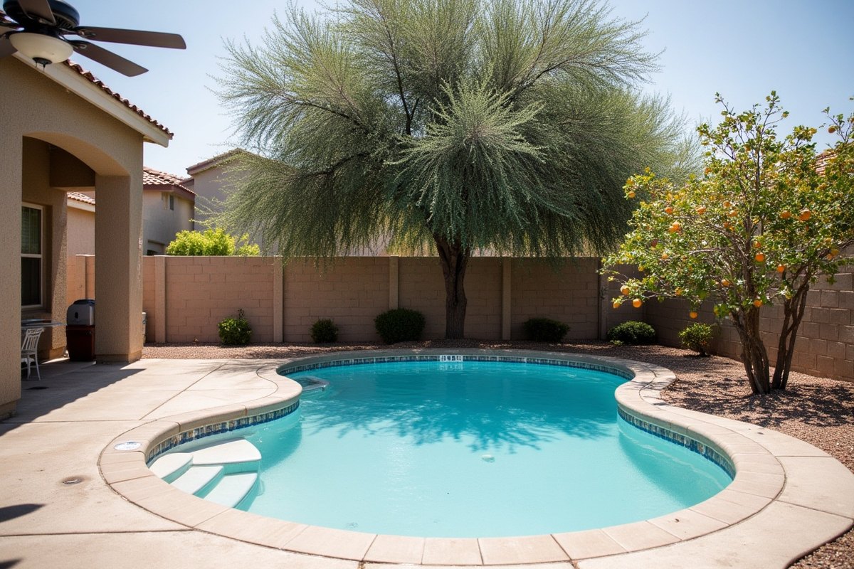 Backyard pool in an older Tempe neighborhood with a citrus tree, block wall and gravel landscaping