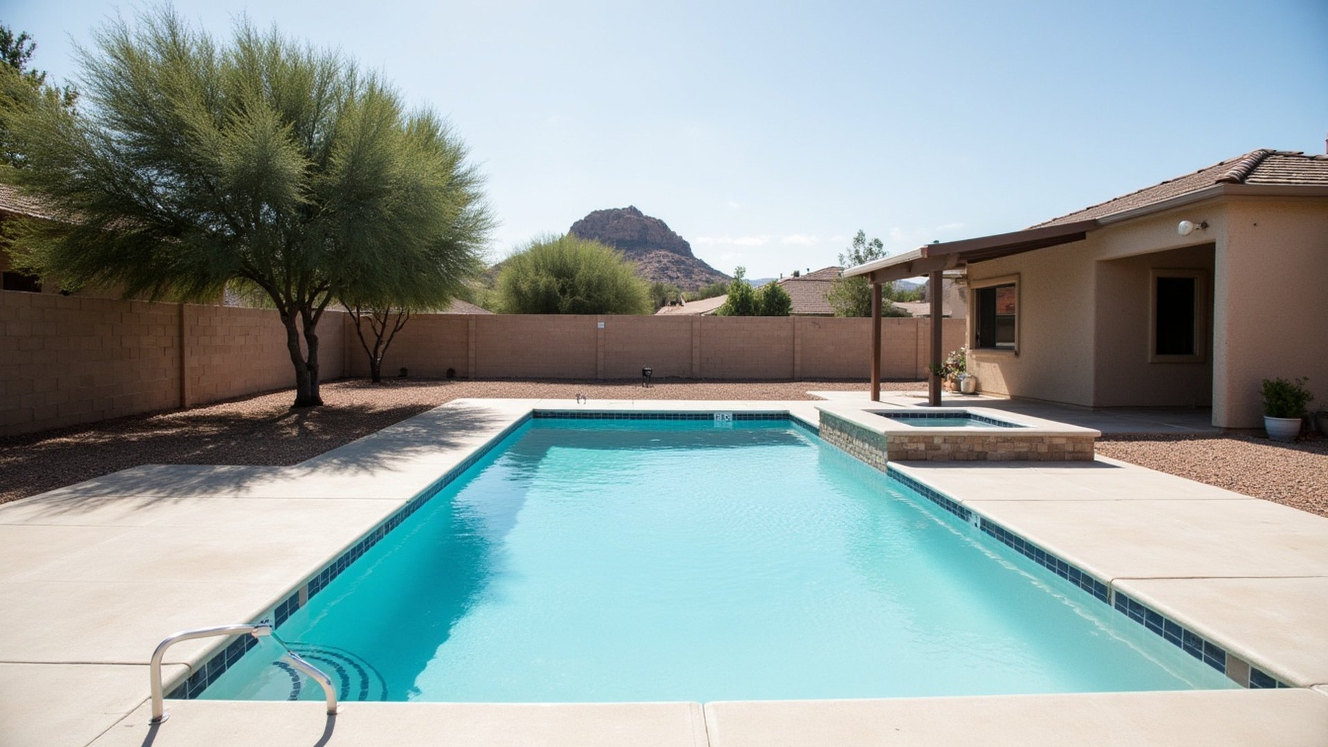 Clear backyard pool behind a single-story stucco home in Tempe with a block wall, gravel yard and a palo verde tree